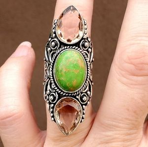 New Morganite & Green Turquoise 925 Silver Statement Ring.